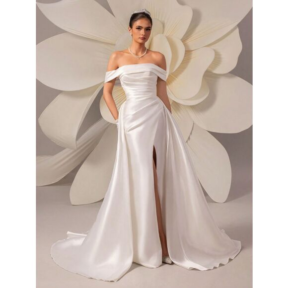 Satin Wedding Dress NWT Luxury Simple Wedding gown White Off Shoulder - Picture 1 of 10